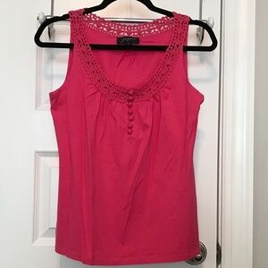 Josephine 💯% hot pink tank top with crocheted neckline & buttons (S)